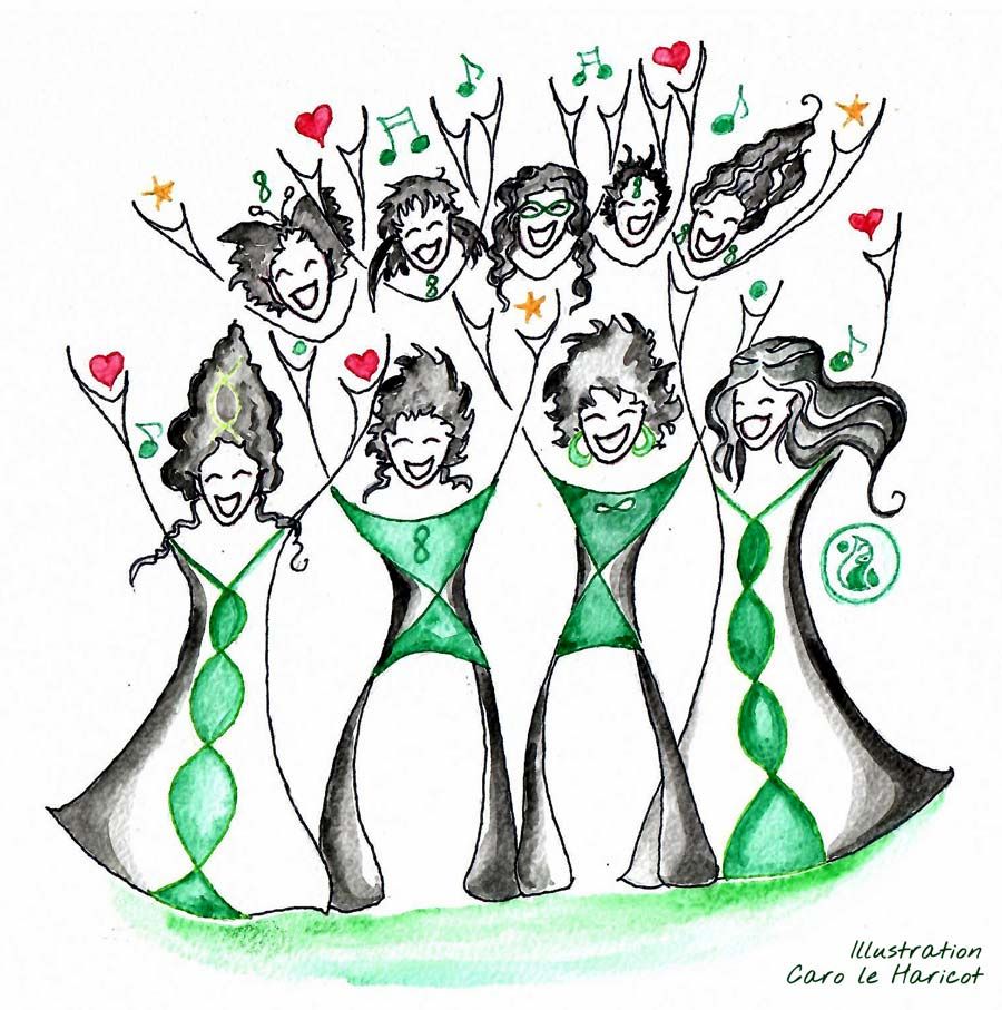 Illustration d'un groupe de choristes joyeuses, les bras levés