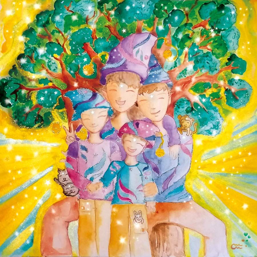 Notre famille en aquarelle, sous un grand arbre, coiffée de bonnets de lutins